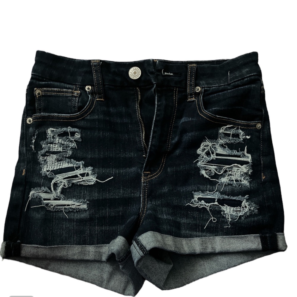 High-waisted dark blue jean shorts